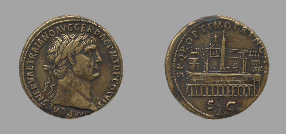 Sestertius of Trajan. Circa 103–11 C.E. Orichalcum. 26.26 g, 6:00, 33 mm. Yale University Art Gallery, Gift of Ben Lee Damsky, inv. no. 2018.65.1. Image © Yale University Art Gallery/Public Domain.