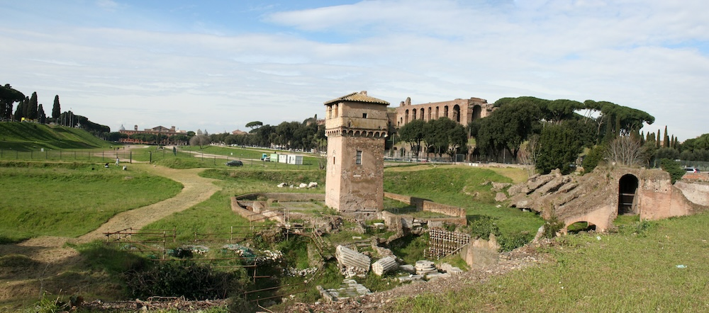 View from the southeast of the remains of the Circus Maximus in Rome. Image: Peter Clarke; CC BY-SA 3.0.