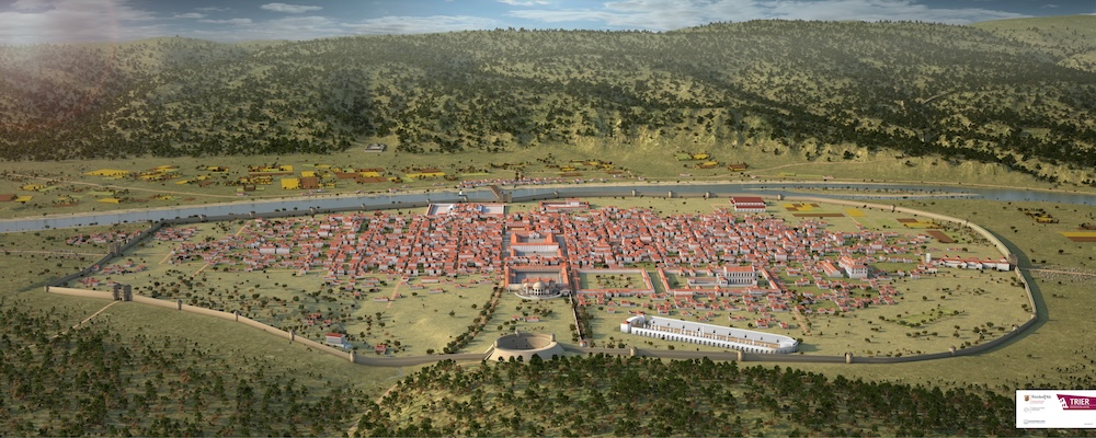 Aerial visualization of Trier in the late Roman period, including the circus. (© GDKE/Rheinisches Landesmuseum Trier/Visualisierung: Dießenbacher Informationsmedien 2017).