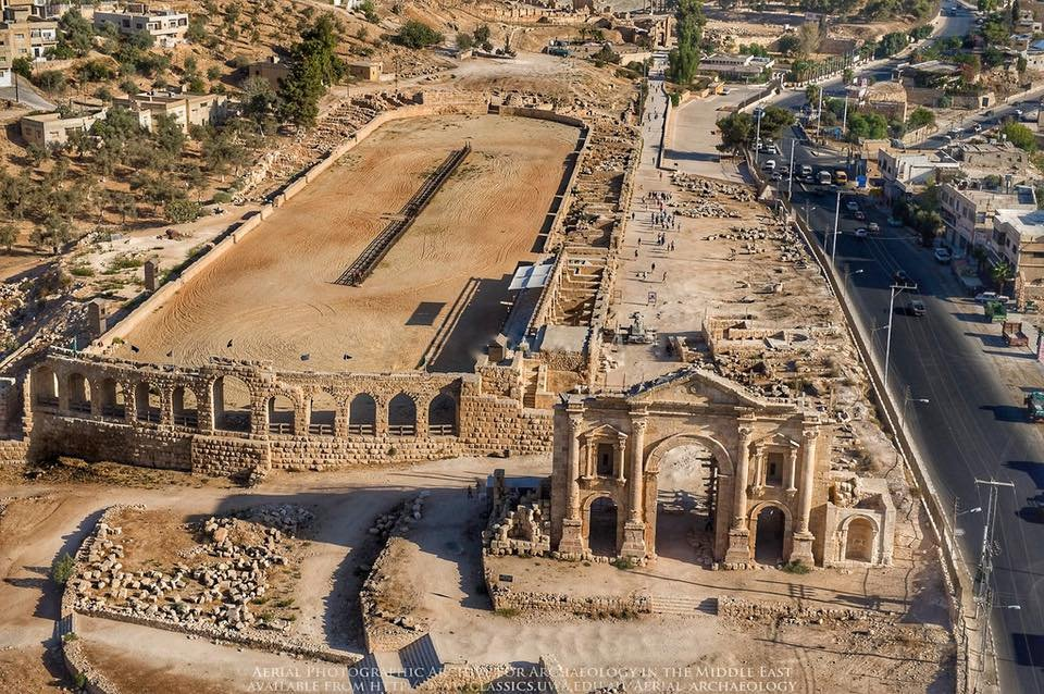 Aerial view of the circus at Jerash. (Reference APAAME_20080918_DLK-0168. Photographer: David Leslie Kennedy. Image credit: Aerial Photographic Archive for Archaeology in the Middle East. (CC BY-NC-ND).
