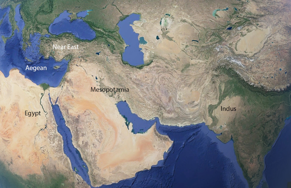 Map of the Aegean, Egypt, Near East, Mesopotamia, and the Indus. Adapted from Google Earth by M.N. Pareja.