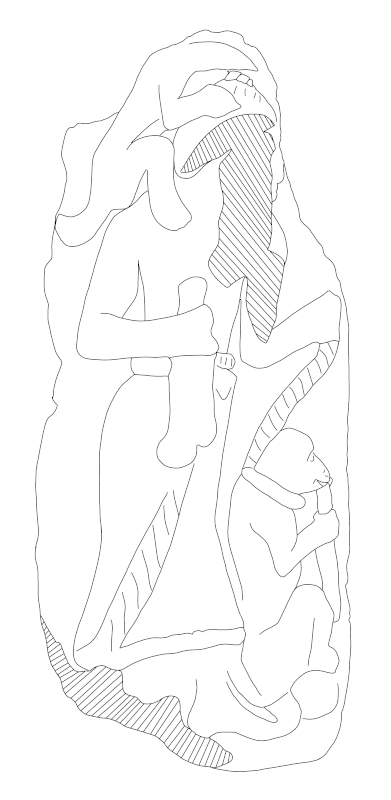 Line Drawing of a Terracotta Plaque with a Robed Man and Monkeys. After British Museum Object no. 116513, Drawn by M.N. Pareja.