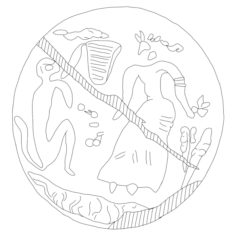 Line drawing of a Female and Monkey with a Basket and Floral Elements on a lentoid seal from Sitia, Crete, Greece. Adapted from CMS III 358, drawn by M.N. Pareja.