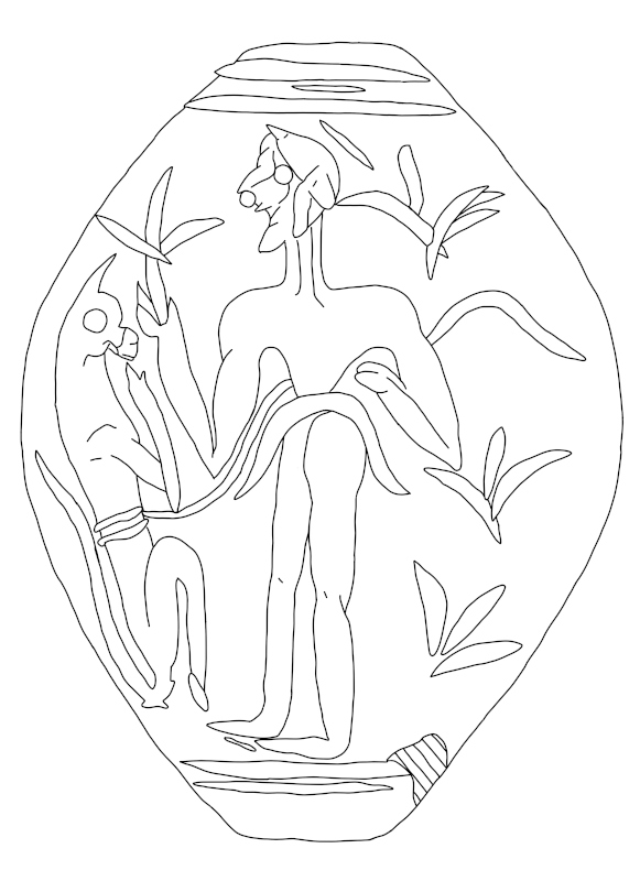 Line drawing of A Man and Monkey on an Amygdaloid Seal from Prassa, Crete, Greece. Adapted from CMS III 357, drawn by M.N. Pareja.