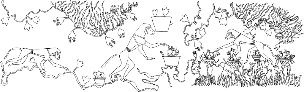 Line drawing reconstruction of the Saffron Gatherer. Lower keep, Knossos. Adapted from M.A.S. Cameron’s reconstruction in Evely 1999: 238, fig. 80, drawn by M.N. Pareja.