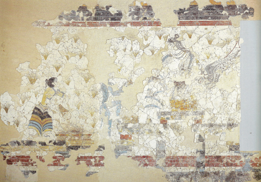 Offering to the Seated Goddess Fresco from Room 3a, Xeste 3, Akrotiri, Thera, Greece. After Doumas 1992, 158-159, fig. 122.