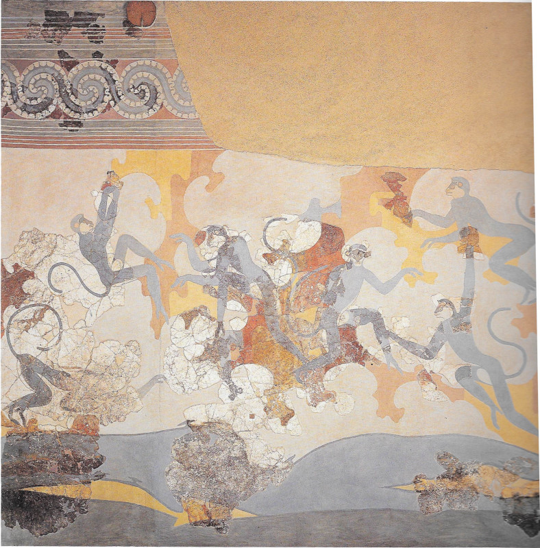 Monkeys Fresco on the north wall of Room 6 of Building Complex Beta at Akrotiri, Thera. Image granted from the photo archive of Thera Akrotiri Excavations.