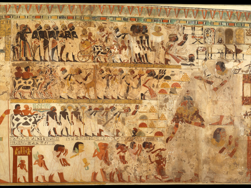 Egyptian tribute scene showing Nubians with black and dark brown complexion. Facsimile (1923-1927) of a wall painting from the Tomb of Huy (ca 1353-1327 BCE). Painted by Charles K. Wilkinson. Metropolitan Museum of Art 30.4.21