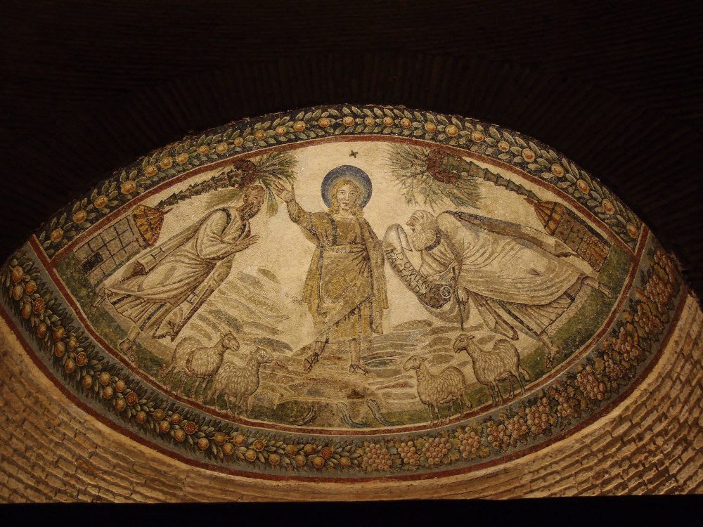 Peter (at the right) and Paul surround Christ at the oldest mosaic on which Peter is present. Santa Costanza church, Rome, middle of the fourth century. Courtesy of the author.