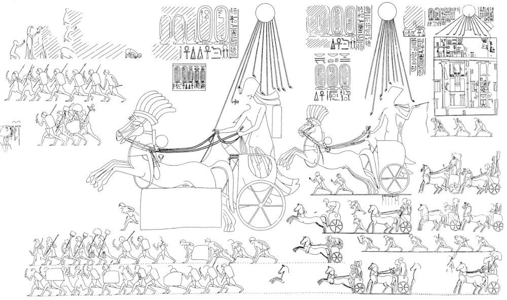 Nefertiti and Akhenaten on their chariot (tomb of Merira I at Amarna, Dynasty 18; after Davies, N., The Rock Tombs of El Amarna Part II. The Tombs of Panehesy and Meryra 2. London 1905, pl. 13).