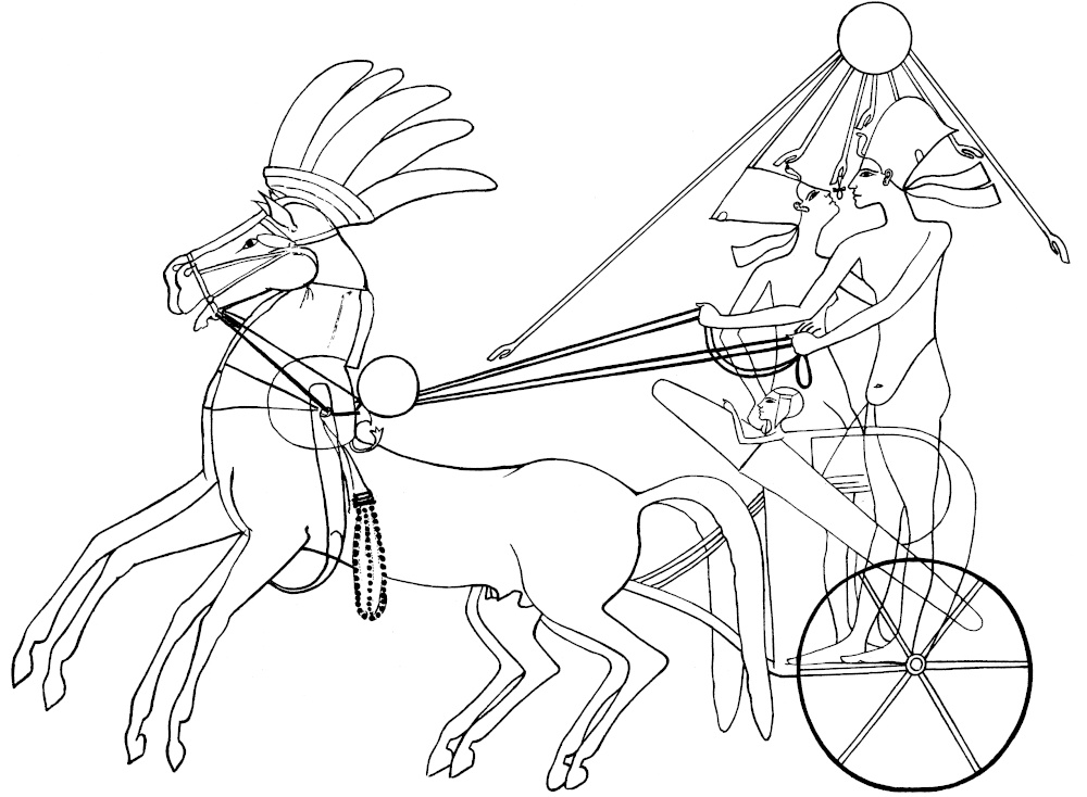 Nefertiti, Akhenaten, and a daughter together on a chariot (tomb of Ahmes, Dynasty 18; after Davies, N., The Rock Tombs of El Amarna Part III. The Tombs of Huya and Ahmes. London 1905, pl. 32).