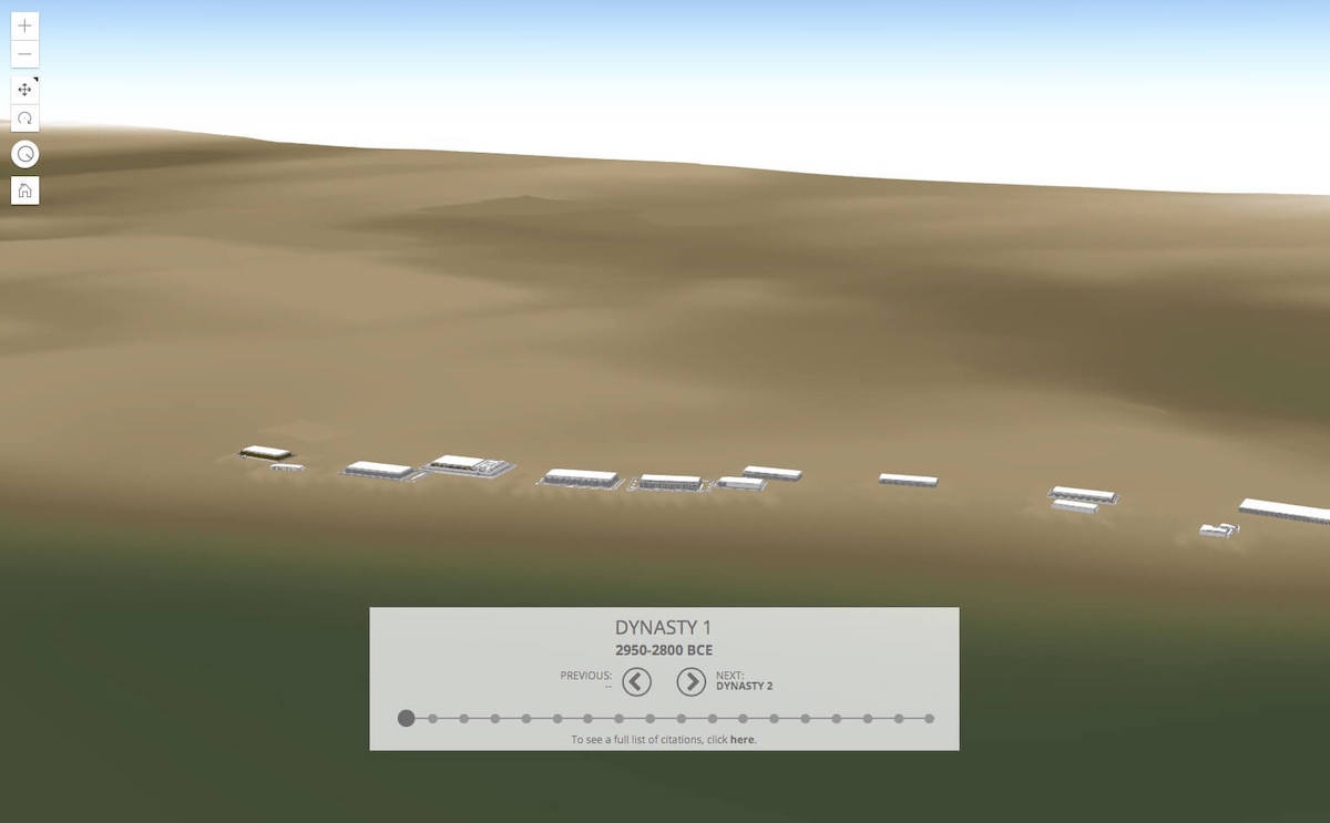 View of the interactive 3D GIS model visualizing the mud-brick tombs of Dynasty 1 elites at Saqqara, the first monumental tomb structures documented at the site. Rendering by Elaine A. Sullivan, CC By-SA 4.0.