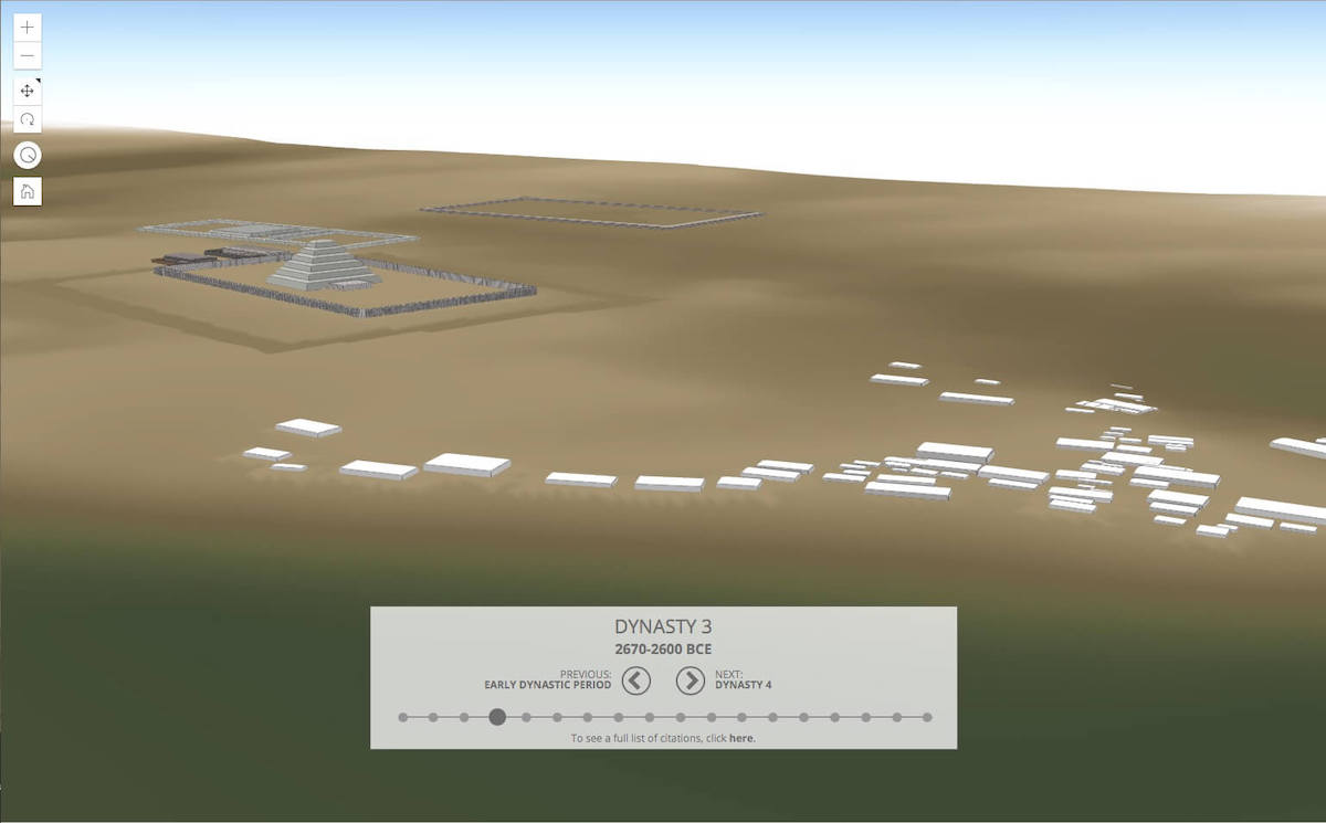 View of the interactive 3D GIS model visualizing the later monumental constructions of the kings of Dynasty 2-3, including the step pyramid of Djoser. Rendering by Elaine A. Sullivan, CC By-SA 4.0.