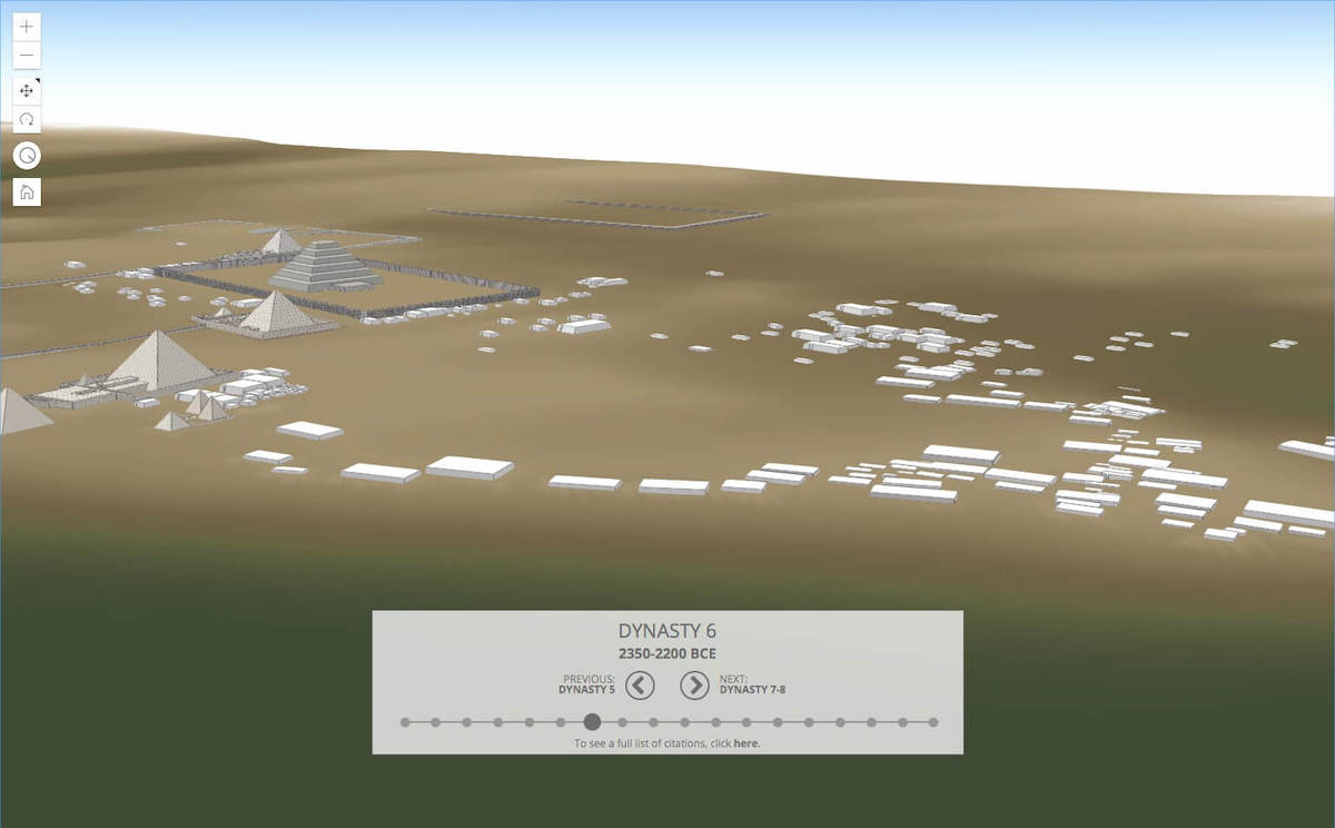 View of the interactive 3D GIS model visualizing new constructions at the site present by Dynasty 6, including more elite tombs and royal pyramids. Rendering by Elaine A. Sullivan, CC By-SA 4.0.