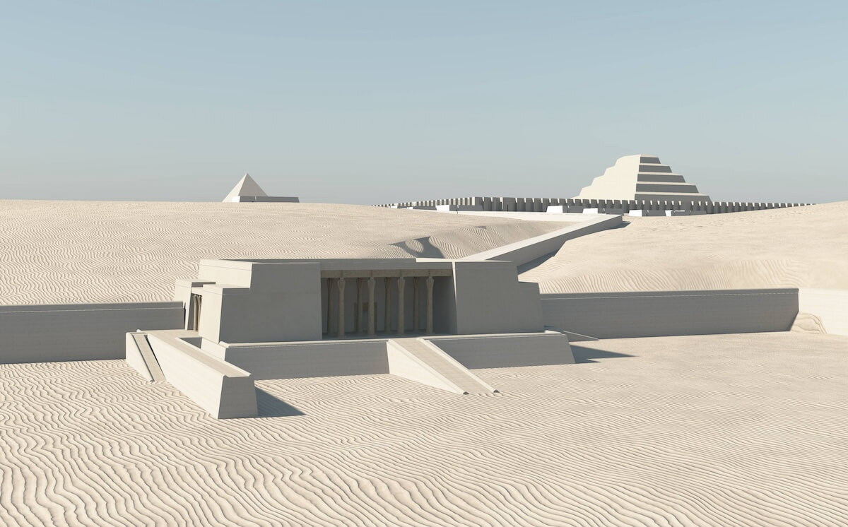 A render of the 3D GIS model showing a visualization of the Dynasty 5 valley temple of King Unas (foreground), with photographic textures replicating the original colors and the materials of the building; the connected pyramid is uphill on the image left; the neighboring step pyramid of Djoser is on the image right. Rendering by Elaine A. Sullivan, CC By-SA 4.0.