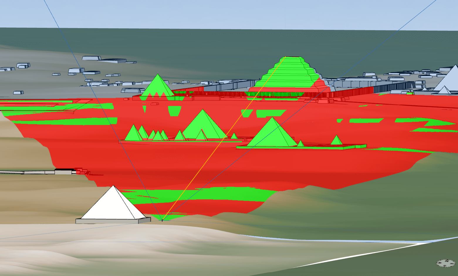 Calculating visibility from a single observer point in the GIS, with green signaling areas that would be visible from adult human eye level; the program is able to incorporate the size, form, and position of the variously shaped monuments in the visibility analysis. Rendering by Elaine A. Sullivan, CC By-SA 4.0.