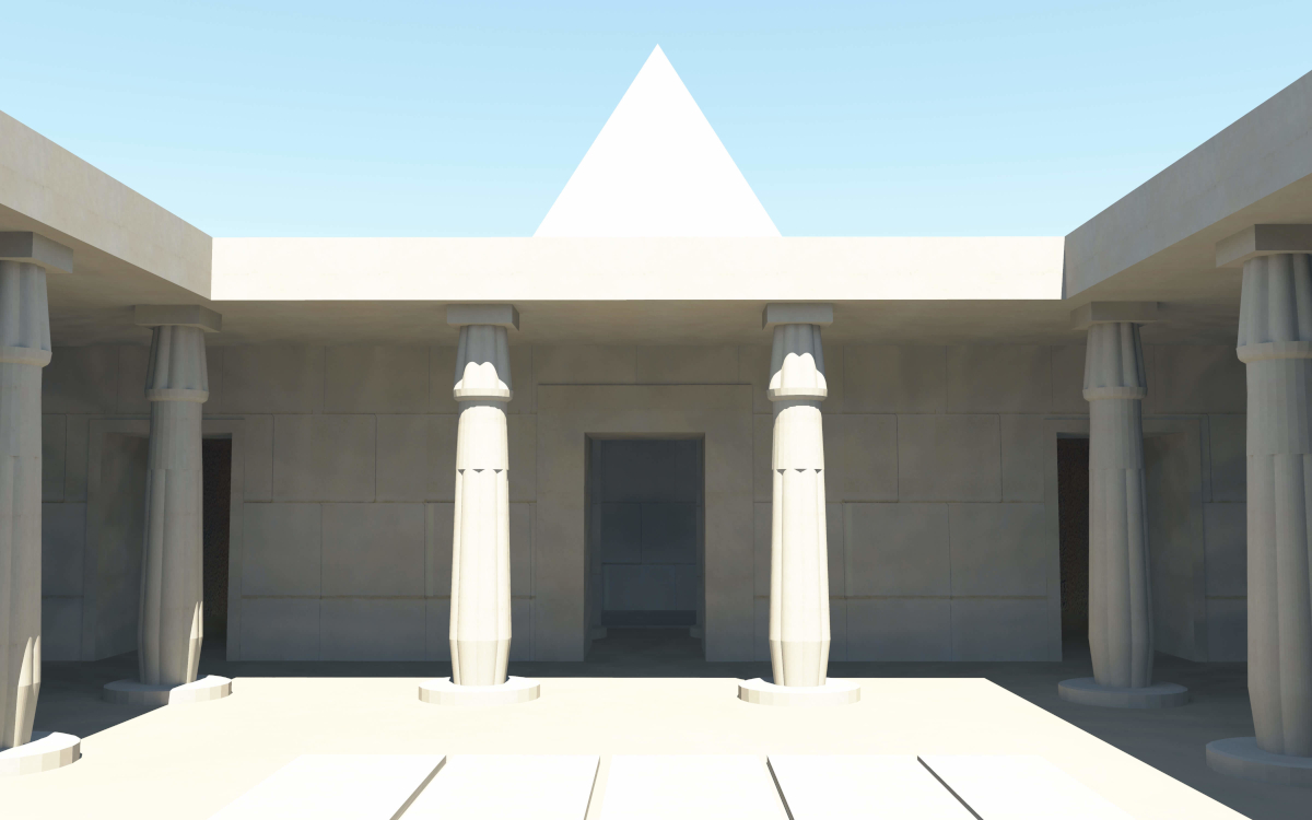 A render of the 3D GIS model showing a visualization of a New Kingdom tomb (with white-plastered pyramid in the rear) from the point-of-view of an adult human standing inside the tomb courtyard. Rendering by Elaine A. Sullivan, CC By-SA 4.0.