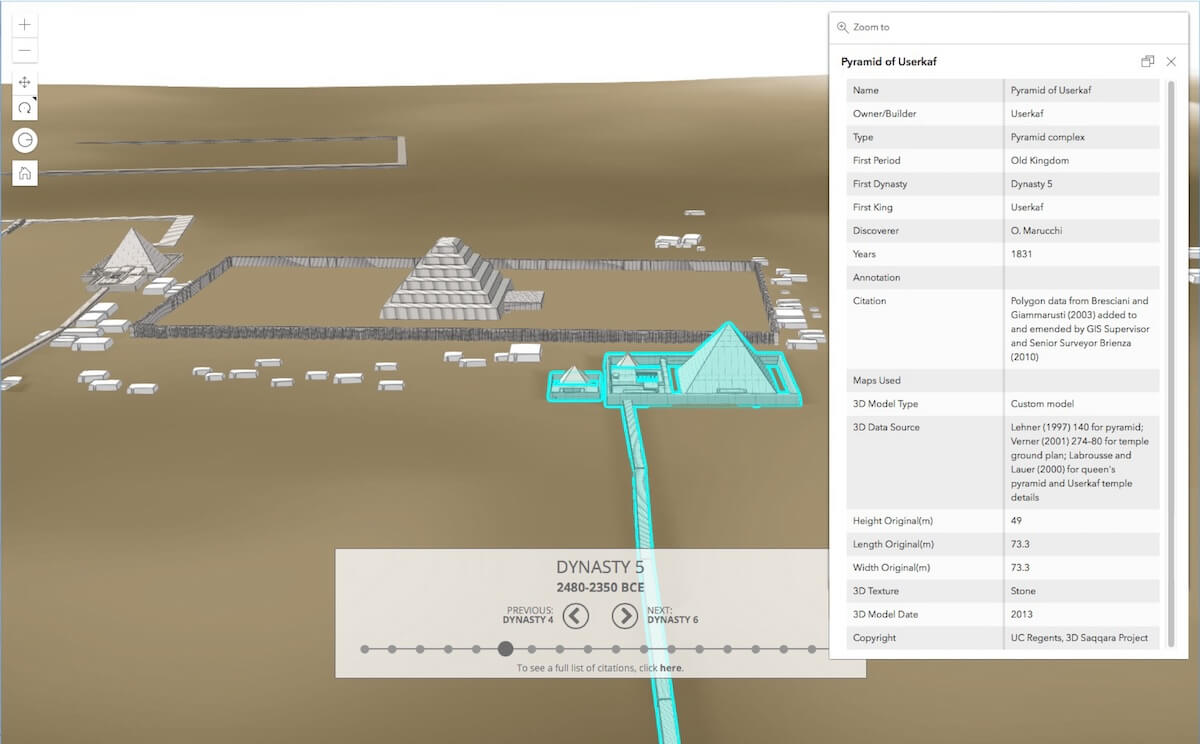 View of the interactive 3D GIS model with one of the 3D monuments selected, showing the basic history and measurements of the pyramid of Dynasty 5 King Userkaf. Rendering by Elaine A. Sullivan, CC By-SA 4.0.