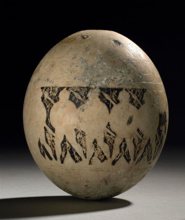 Ostrich egg vessel carved in low relief with warriors in procession. Found in Italy. British Museum 1850,0227.9. Photo © The Trustees of the British Museum (CC BY-NC-SA 4.0).