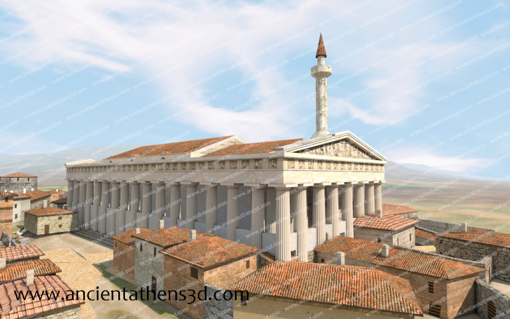 The Parthenon after the conversion into a mosque with the minaret in the southwest corner (1600s).