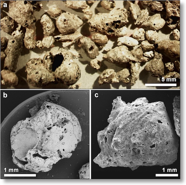 Images of meltglass. a) photomicrograph of about 50 fragments, b) and c) SEM images of individual meltglass fragments. Image courtesy of the author.