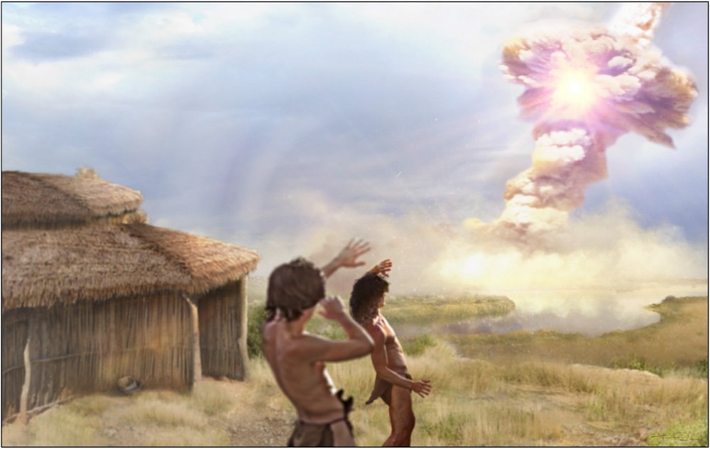 Artist’s reconstruction of the airburst, moments before the blast hit Abu Hureyra itself (Comet Research Group, Jennifer Rice).