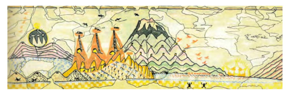 One of James Mellart's reconstructions of wall paintings from Çatalhöyük, showing the Erciyes Dağ volcano.