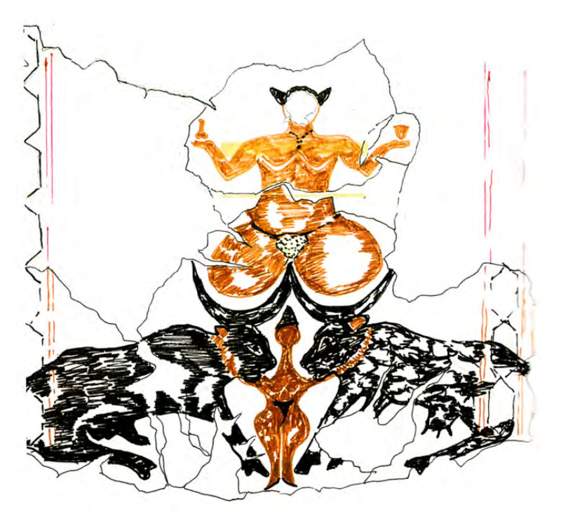 One of James Mellart's reconstructions wall paintings from Çatalhöyük, showing a ‘goddess’ flanked by aurochs.