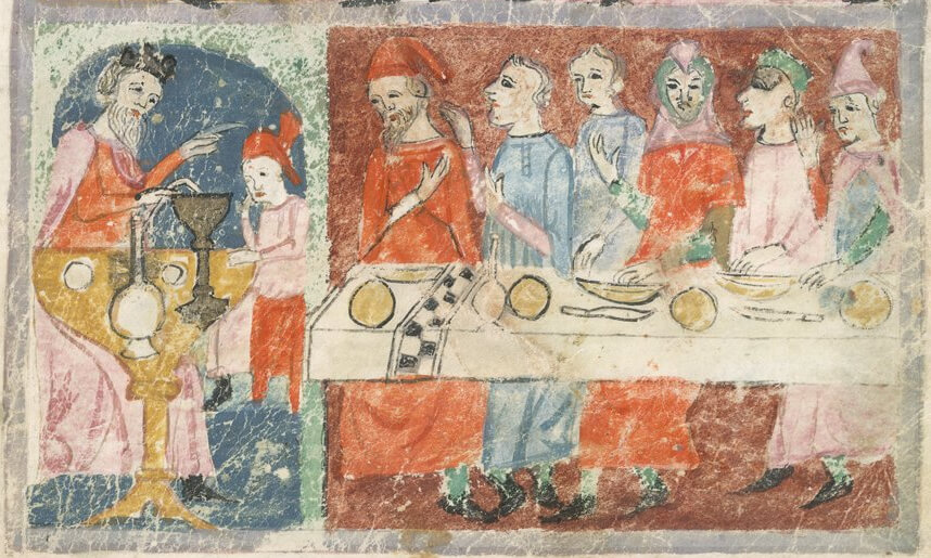 Joseph and his brothers feasting, from the ‘Sisters Haggadah.” 14th century.