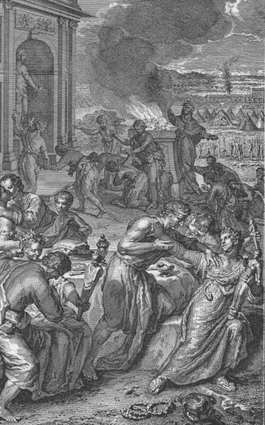 Moab leads Israel into sin, Numbers 25:1-8, illustration from the 1728 Figures de la Bible; illustrated by Gerard Hoet (1648-1733) and others.