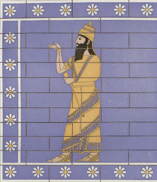 An Assyrian king, probably Sargon. Detail of an enamelled wall from Sargon’s palace in Dur-Sharrukin/Khorsabad. (Source: V. Place, Ninive et l’Assyrie III, Paris, 1867, pl. 27)