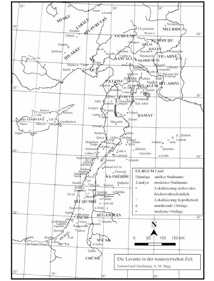 Example of a map showing the location of sites in the Levant according to Neo-Assyrian sources. Courtesy of Ariel Bagg.