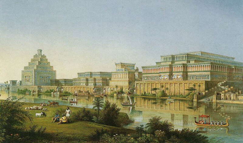 The river-side of Kalhu/Nimrud, artist’s reconstruction. (Source: A. H. Layard, A Second Series of the Monuments of Nineveh, London, 1853, plate 1)