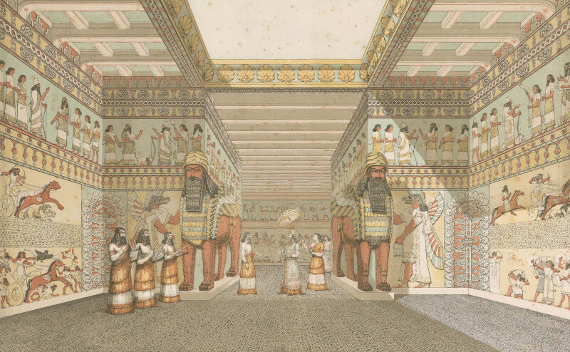 Assyrian throne room, reconstruction. (Source: A. H. Layard, The Monuments of Nineveh, London, 1853, pl. 1)