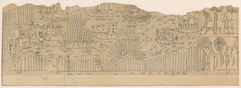 The Assyrian army fighting in the Babylonian marshes, Nineveh, Southwest Palace, room XXVIII, slabs 2-4. (Source: A. H. Layard, A Second Series of the Monuments of Nineveh, London, 1853, plate 25)