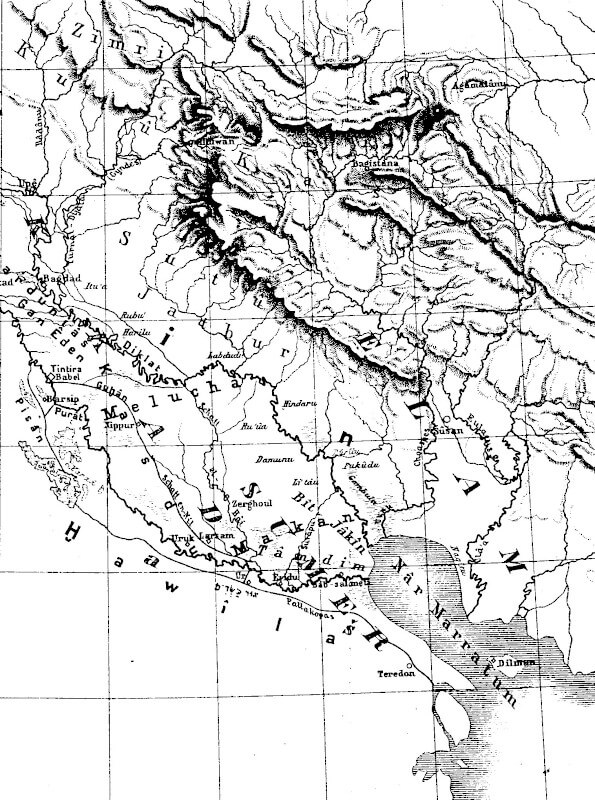 Map of Babylonia in the Neo-Assyrian period, detail. (Source: F. Delitzsch, Wo lag das Paradies?, Leipzig, 1881)