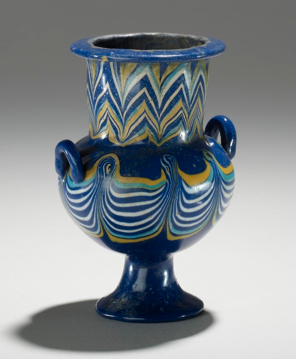 Extremely well-preserved, core-formed, glass vessel from Memphis, Egypt. 1393-1352 BCE, British Museum, EA4741. © The Trustees of the British Museum.