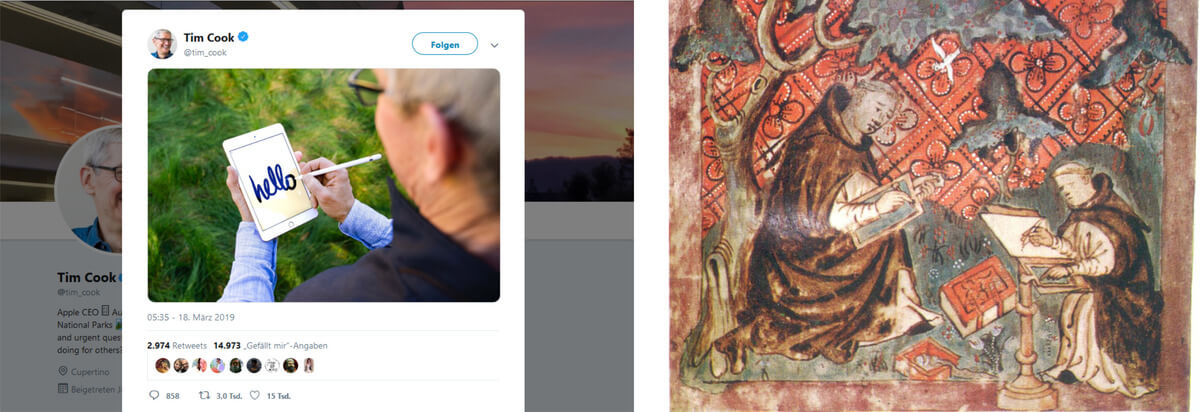 Figure 1a: Distant worlds with functional analogy: Tim Cook launches the new iPad Mini and iPad Air on March 18th 2019 (via Twitter) Figure 1b: Flemish mystic Jan van Ruusbroec (1293–1381) writes down notes on a wax board in a forest, inspired by the Holy Spirit (left), and these are later copied onto parchment upon his return to the monastery (right; Brussel KB 19.295–97, fol. 2v., public domain).