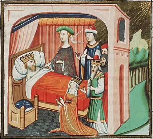 Abishag at the bed of David, with Bathsheba, Solomon, and Nathan from a bible historiale (The Hague, MMW, 10 A 19, fol. 33r), c. 1435.