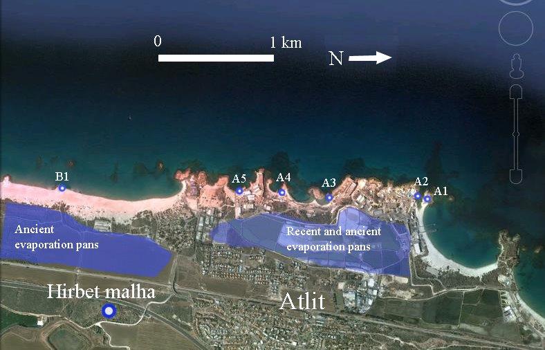 Salt production facilities in Atlit area - Carmel coast (research area A in fig. 1, modified after Google Earth)