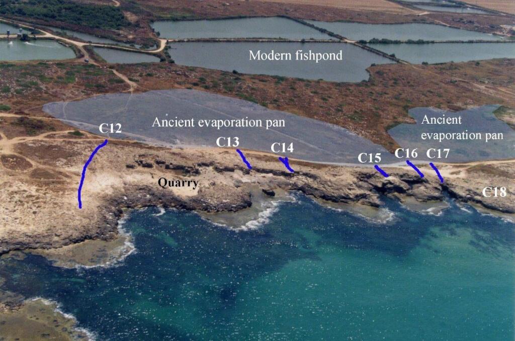 Salt production facilities in Habonim north area - Carmel coast: pumping stations, conveying channels and location of the ancient evaporation pans (research area C in fig. 1, after Google Earth-looking east)