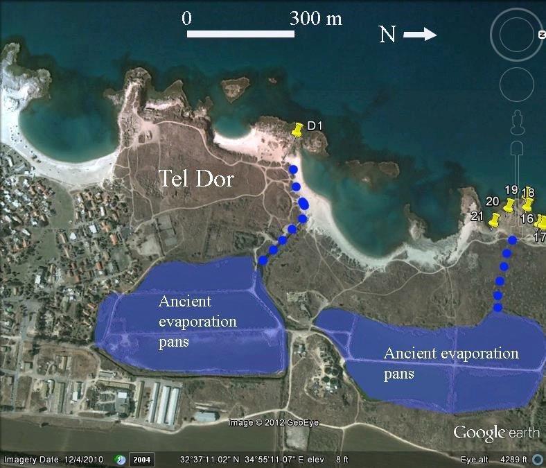 Pumping stations, conveying channels and the location of ancient evaporation pans north of Tel Dor – looking west (modified after Google Earth-looking west)