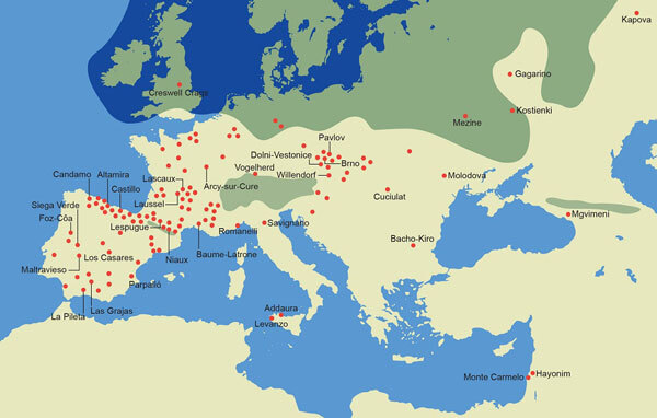 Distribution of primary Palaeolithic cave-art locations in Eurasia. Graphic by Peter Bull, via Royal Society of Chemistry.