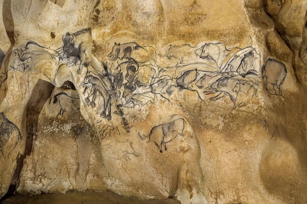 Lion panel, End Chamber of Chauvet-Pont d'Arc cave. Photo by Arnaud Frich, Centre National de Préhistoire, Ministère de la Culture et de la Communication.