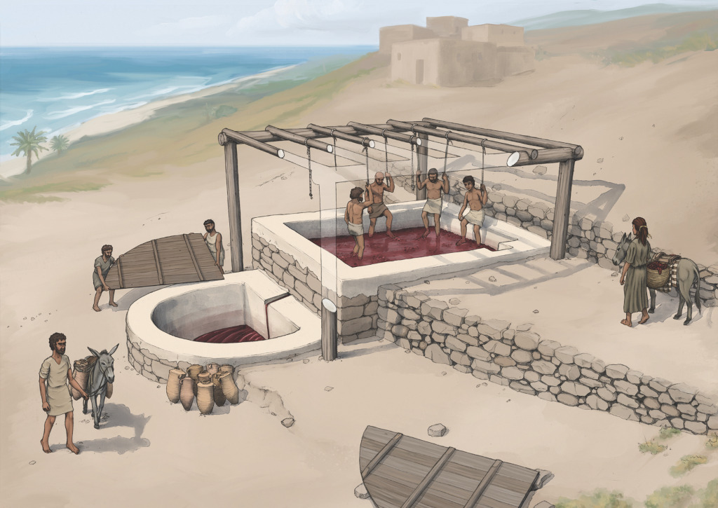 Tell el-Burak: reconstruction of the wine press, from the south-east (drawing by O. Bruderer; courtesy of the Tell el-Burak Archaeological Project).