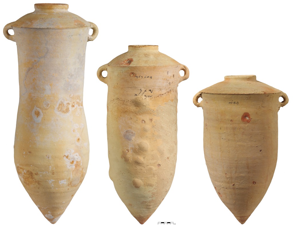 Cyprus: Phoenician-type amphorae with a painted inscription, c. 8th-7th century BCE; The Metropolitan Museum of Art, The Cesnola Collection, inv. nos. 74.51.2298a, b, 74.51.2299, 74.51.2300 (CC0).