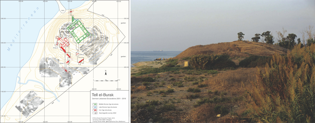 Tell el-Burak: left) plan of the site with the excavated areas, including the wine press in Area 4; right) view of the site, from the west (courtesy of the Tell el-Burak Archaeological Project).