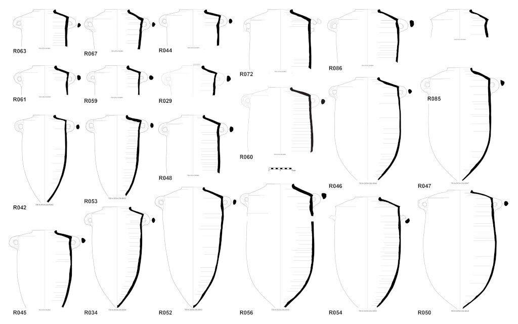 Tell el-Burak, House 3: a selection of carinated-shoulder amphorae from the destruction layer of Phase D: c. end of the 7th/beginning of the 6th century BCE (courtesy of the Tell el-Burak Archaeological Project).