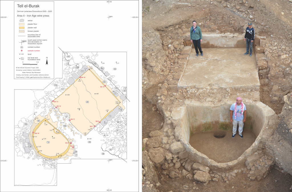 Tell el-Burak, the wine press: left) plan of the plastered structure, right) view from the south-west (courtesy of the Tell el-Burak Archaeological Project).