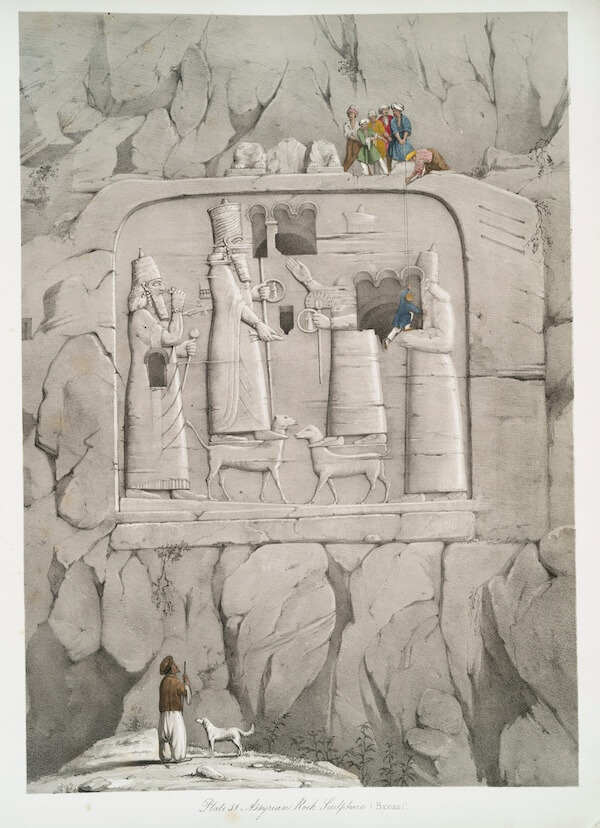 Watercolor by Frederick Charles Cooper showing Austen Henry Layard at Khinis. From A Second Series of the Monuments of Nineveh, by Austen Henry Layard (1853). Public Domain, image courtesy of the New York Public Library.